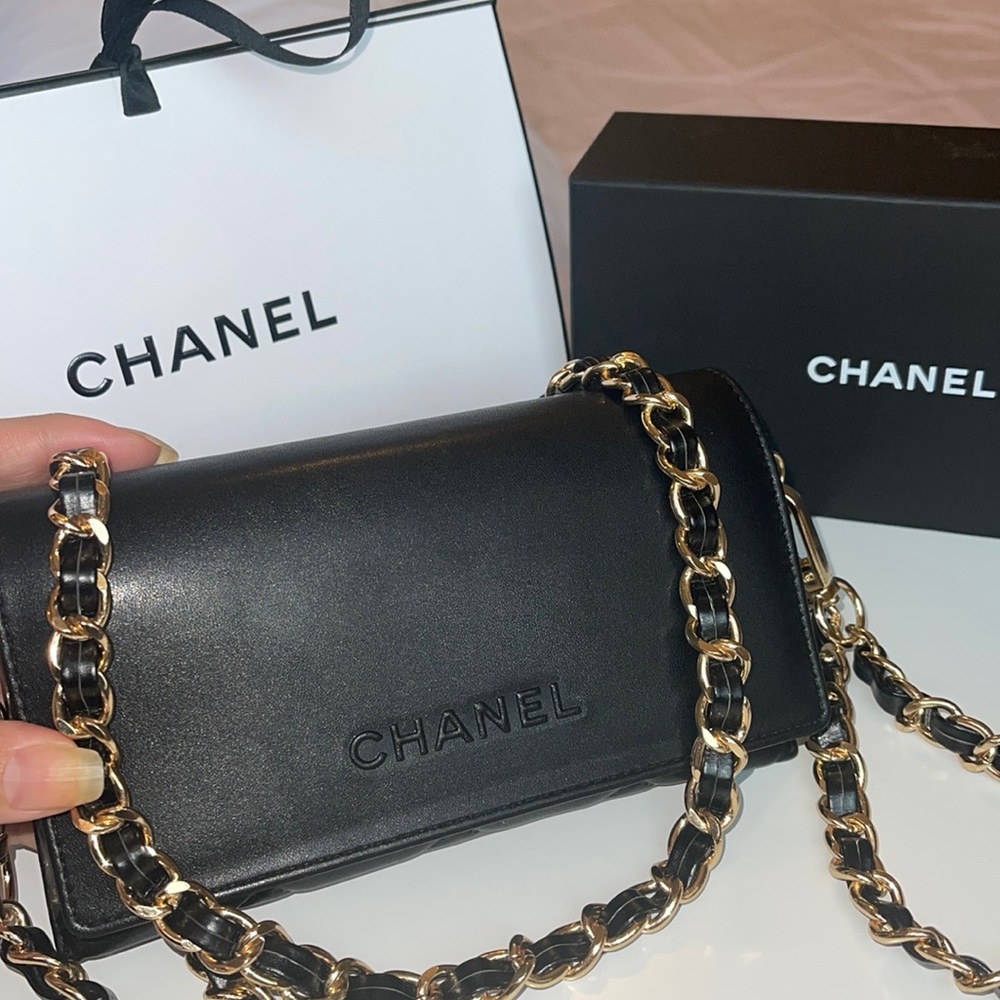CHANEL Black Leather Sunglasses Case with Chain
